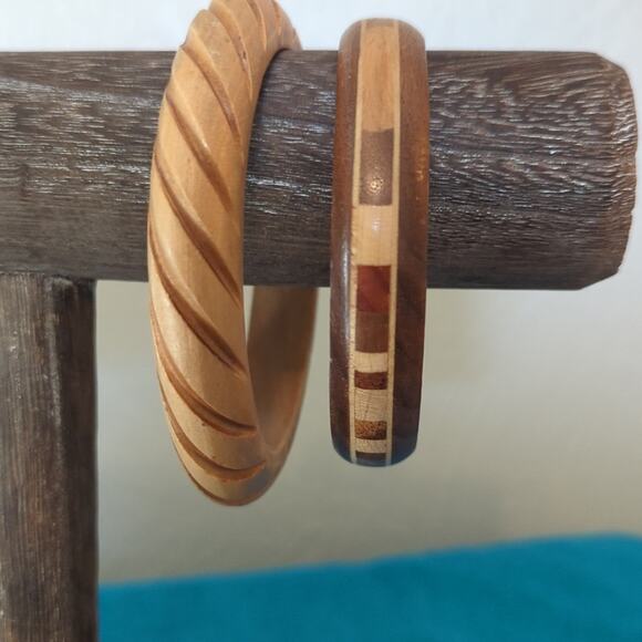 Two Wooden Bangle Bracelets One Carved with Swirl Pattern and One Inlay - Picture 2 of 5